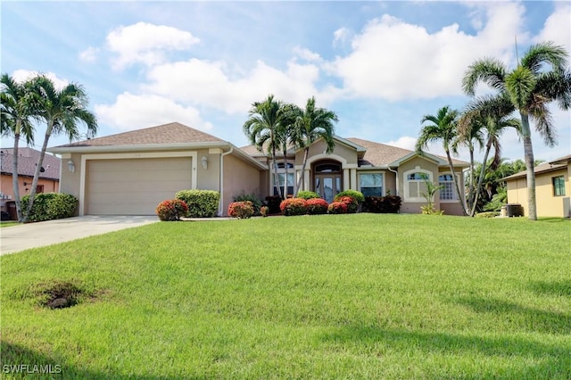 single story home featuring a garage and a front yard