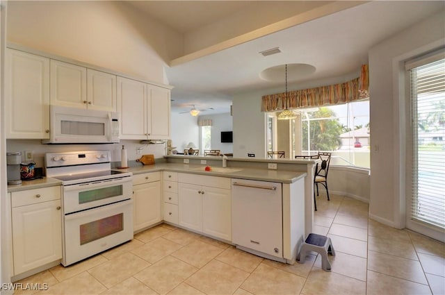 kitchen with white cabinetry, sink, hanging light fixtures, kitchen peninsula, and white appliances