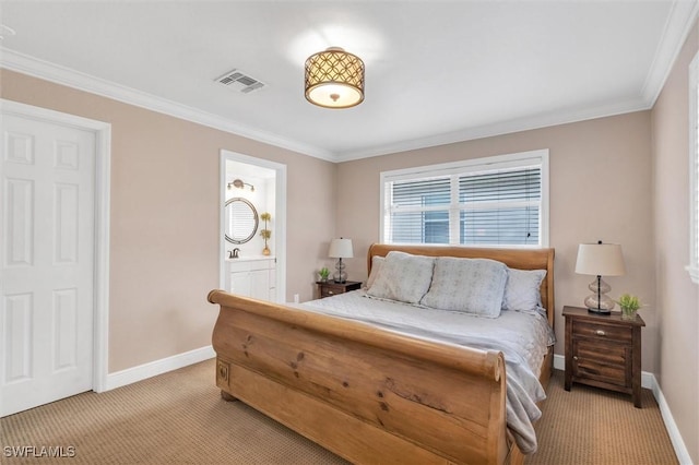 bedroom with light colored carpet, visible vents, crown molding, and baseboards