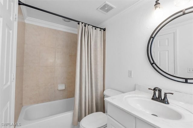 bathroom with toilet, vanity, visible vents, ornamental molding, and shower / tub combo with curtain