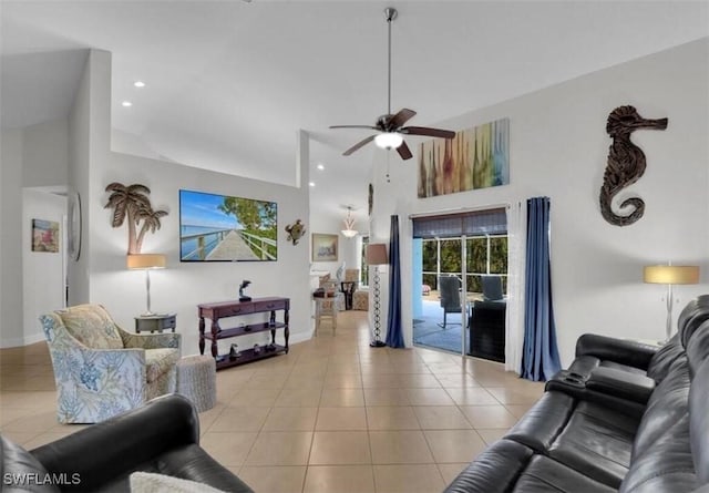 tiled living room with a towering ceiling and ceiling fan