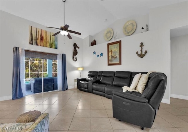 living room featuring ceiling fan, high vaulted ceiling, and light tile patterned floors