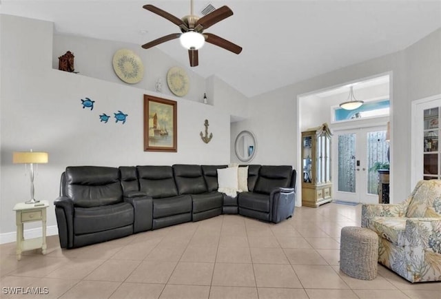 living room with high vaulted ceiling, french doors, ceiling fan, and light tile patterned flooring