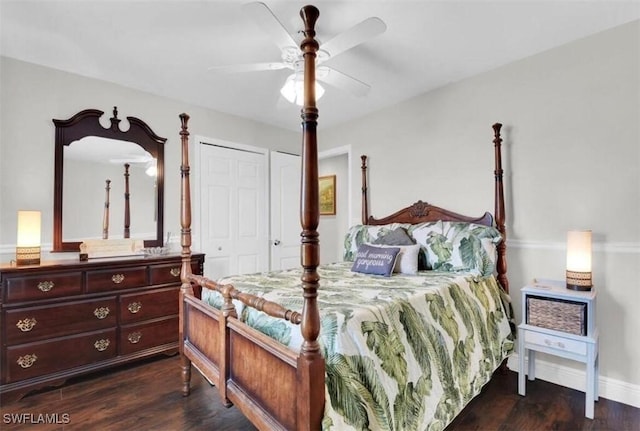 bedroom featuring ceiling fan and dark hardwood / wood-style flooring