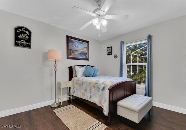 bedroom featuring ceiling fan and dark hardwood / wood-style floors