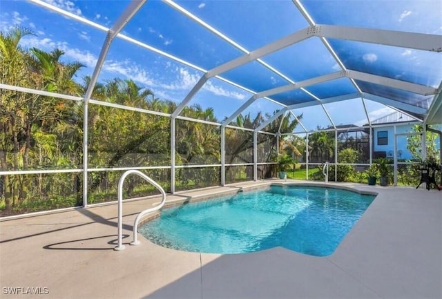 view of swimming pool with a patio and a lanai