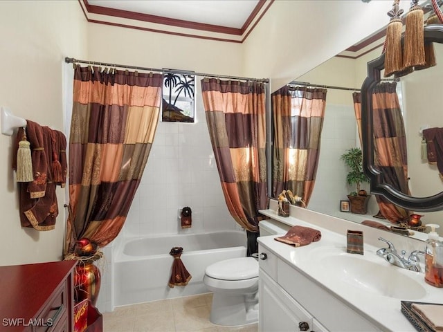 bathroom with toilet, shower / tub combo, vanity, tile patterned floors, and crown molding