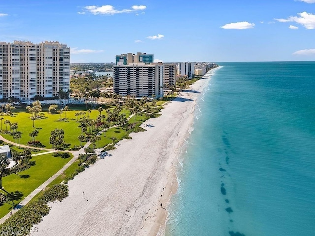 drone / aerial view featuring a beach view and a water view