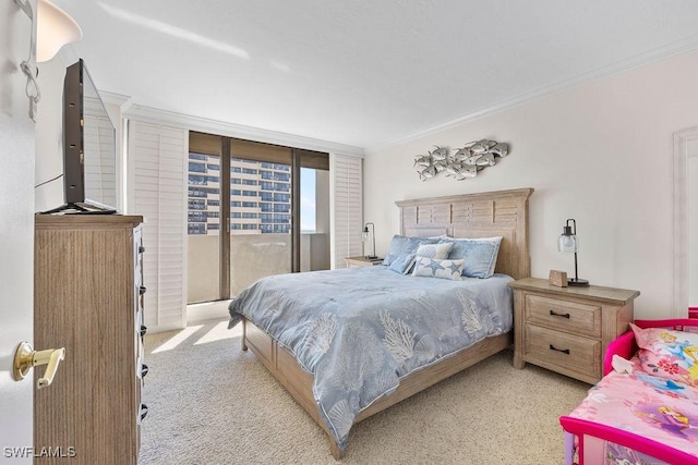 carpeted bedroom with crown molding