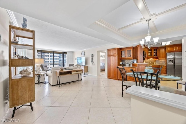 4005 Gulf Shore Blvd N Unit 802, Naples, FL 34103 - living room featuring a notable chandelier, light tile patterned floors, crown molding, and coffered ceiling