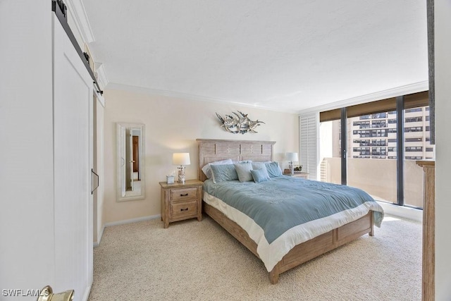 bedroom featuring access to outside, crown molding, and light carpet