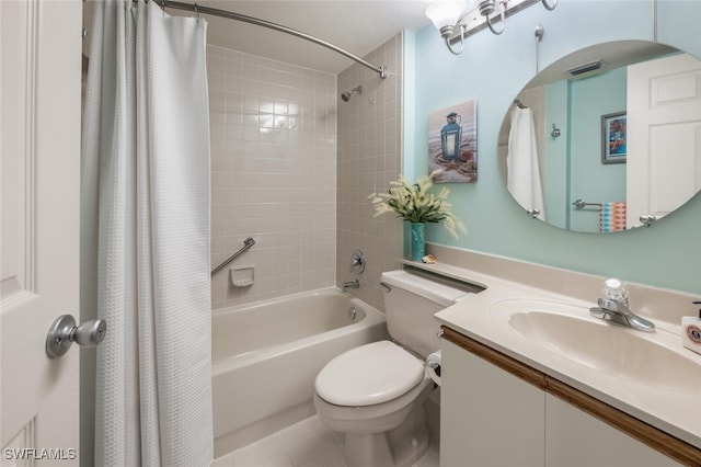 bathroom featuring shower / bath combo, visible vents, vanity, and toilet