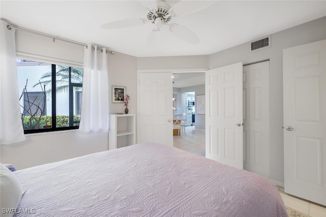 bedroom with ceiling fan and visible vents