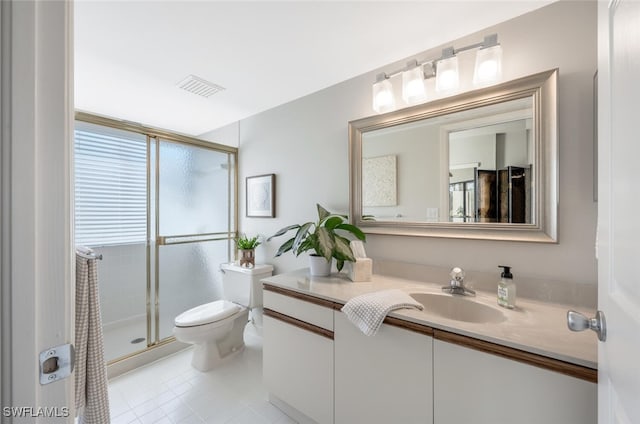 full bath featuring visible vents, toilet, a shower stall, vanity, and tile patterned flooring