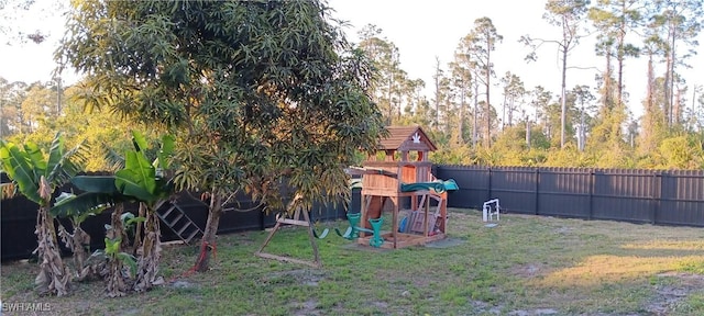 view of yard with a playground and a fenced backyard