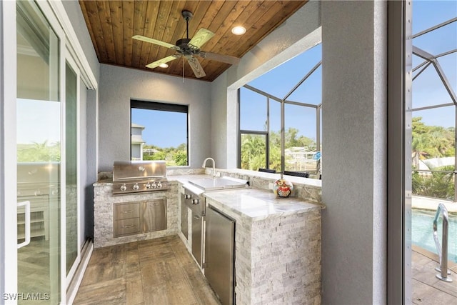 interior space featuring refrigerator, light wood-type flooring, wooden ceiling, ceiling fan, and light stone counters