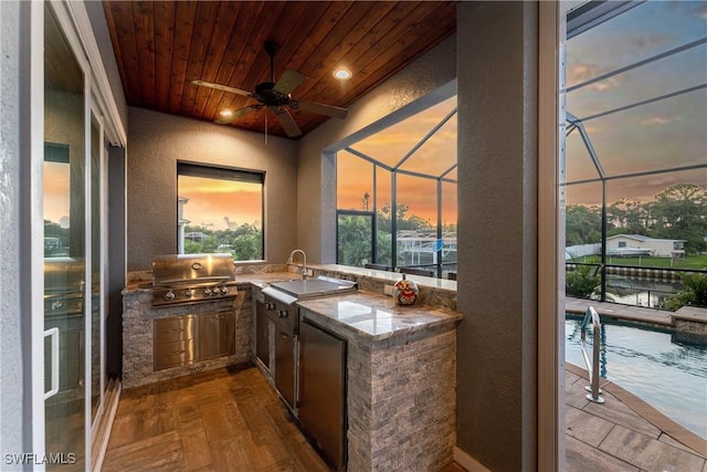 bar with hardwood / wood-style flooring, ceiling fan, and wood ceiling