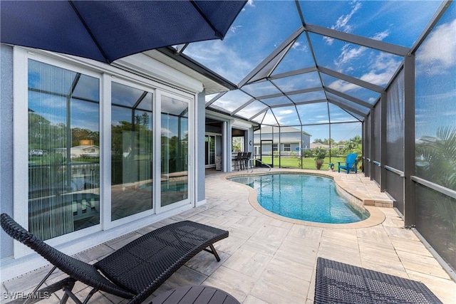 view of swimming pool with a patio area and glass enclosure