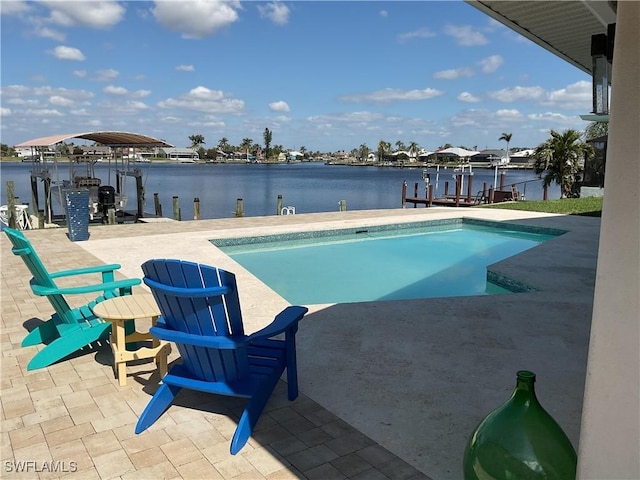 view of pool with a water view and a boat dock