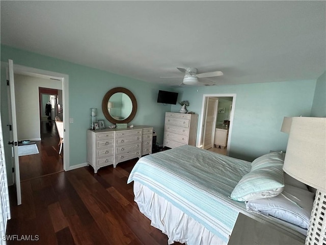 bedroom with ceiling fan and dark wood-type flooring