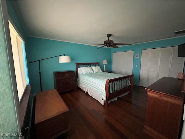 bedroom with ceiling fan, dark hardwood / wood-style flooring, and two closets