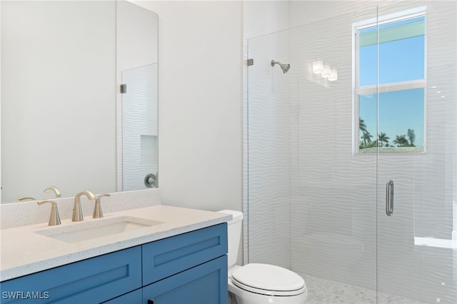 bathroom with vanity, toilet, and a shower with door