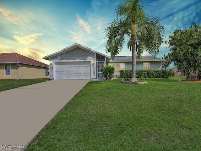 ranch-style house with a yard and a garage