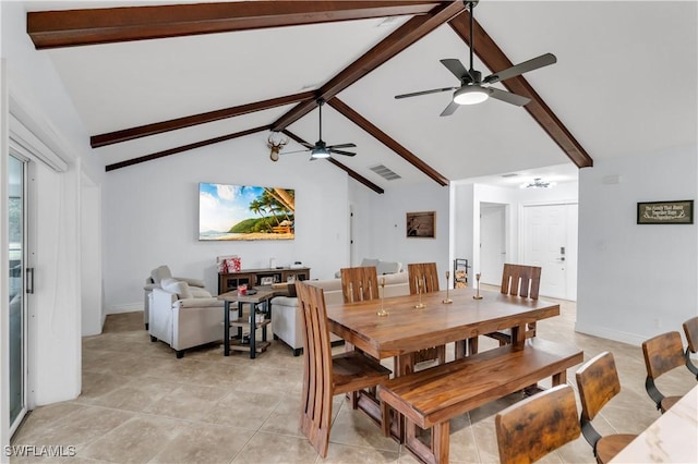 dining area featuring light tile patterned floors, visible vents, baseboards, ceiling fan, and beamed ceiling