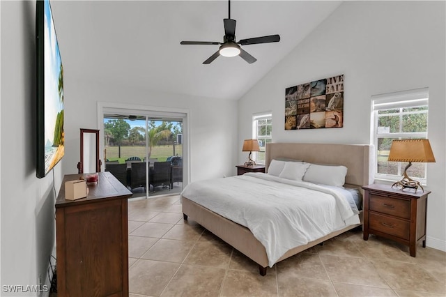 bedroom featuring high vaulted ceiling, access to outside, light tile patterned flooring, and ceiling fan