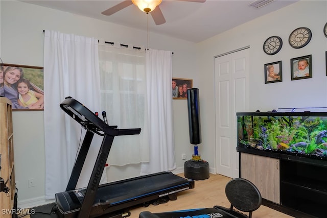 workout area featuring wood finished floors, visible vents, and a ceiling fan