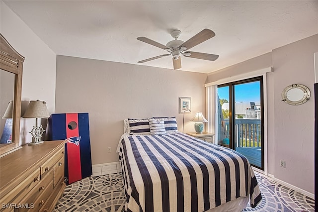 bedroom featuring ceiling fan and access to outside