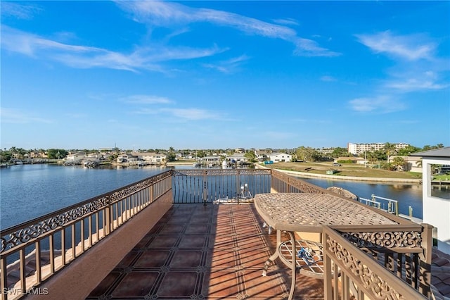 exterior space with a water view