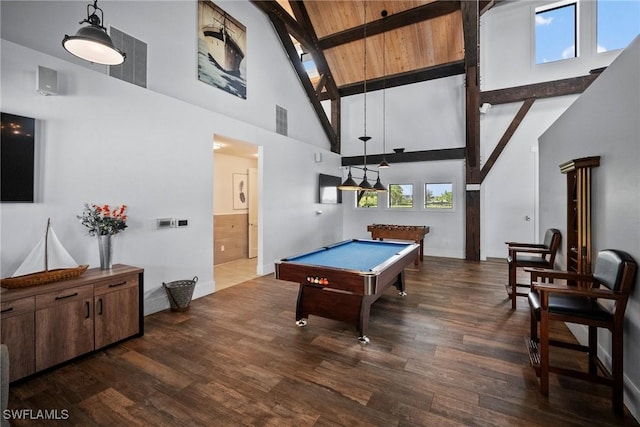 game room with high vaulted ceiling, visible vents, dark wood-style flooring, and beamed ceiling