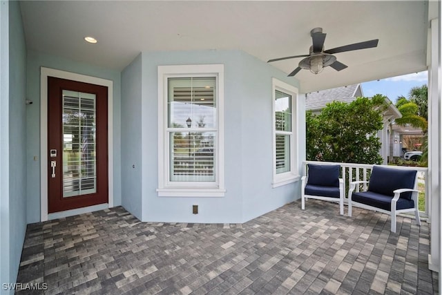 view of patio featuring a ceiling fan