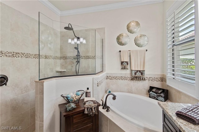 bathroom with vanity, ornamental molding, and plus walk in shower