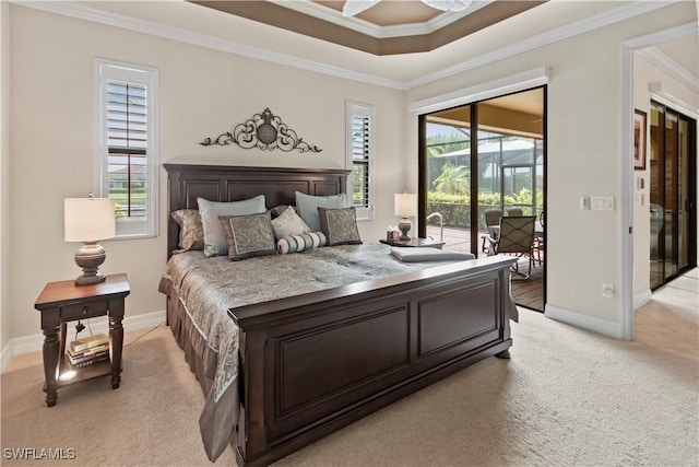 carpeted bedroom with ornamental molding and access to outside