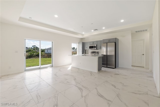 kitchen with sink, a center island with sink, a raised ceiling, gray cabinets, and stainless steel appliances