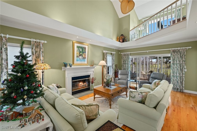 living room with light hardwood / wood-style flooring and a high ceiling