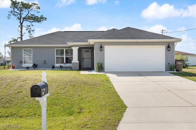 ranch-style house with a garage and a front yard