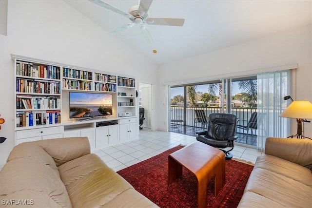 1090 Partridge Cir Unit 201, Naples, FL 34104 - living room featuring high vaulted ceiling, light tile patterned flooring, and ceiling fan