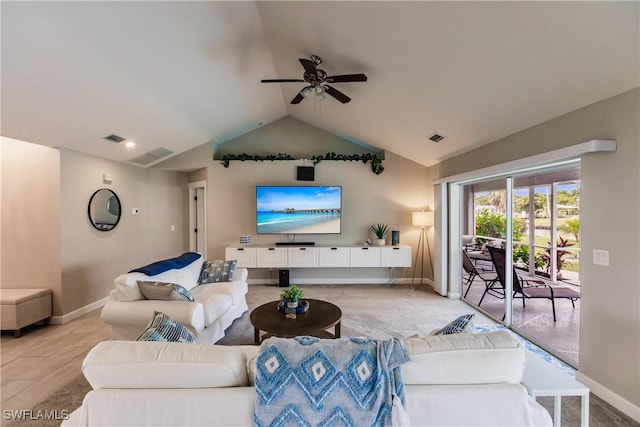 living room with lofted ceiling and ceiling fan