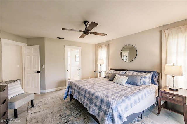 bedroom featuring ceiling fan and ensuite bath