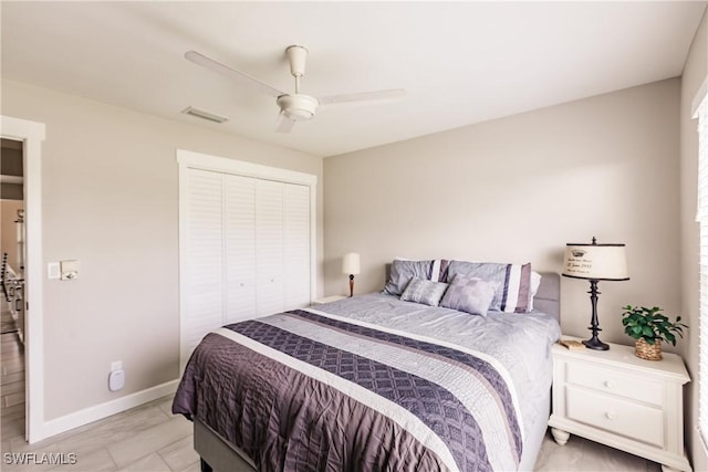 bedroom featuring ceiling fan and a closet