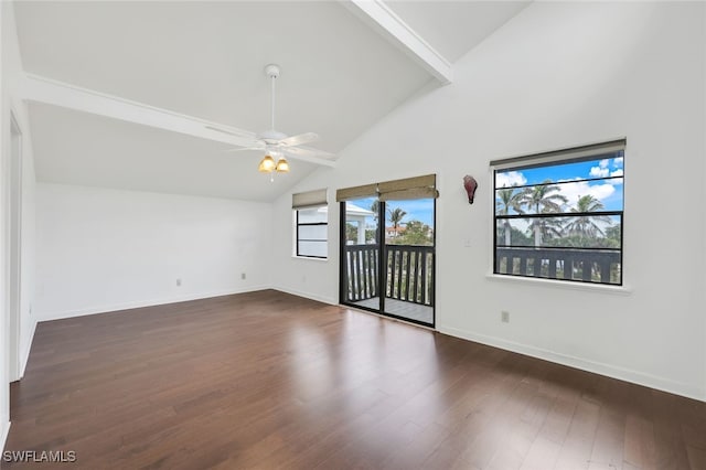 unfurnished room with baseboards, dark wood finished floors, a ceiling fan, high vaulted ceiling, and beam ceiling