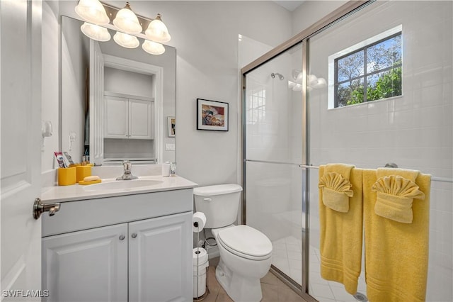 full bathroom with toilet, a stall shower, and vanity