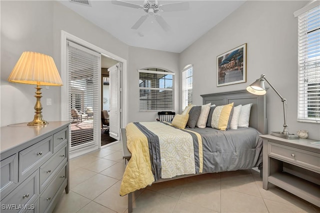 bedroom with light tile patterned floors, visible vents, multiple windows, and access to exterior