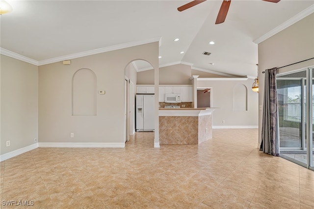 unfurnished living room featuring ceiling fan, vaulted ceiling, crown molding, and light tile patterned floors