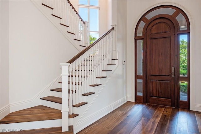 foyer entrance featuring dark wood-type flooring and a high ceiling