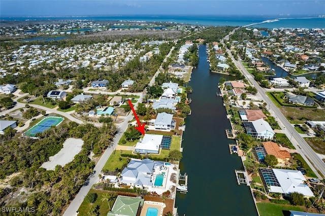 drone / aerial view featuring a water view