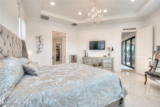 bedroom featuring marble finish floor, a raised ceiling, visible vents, and a notable chandelier